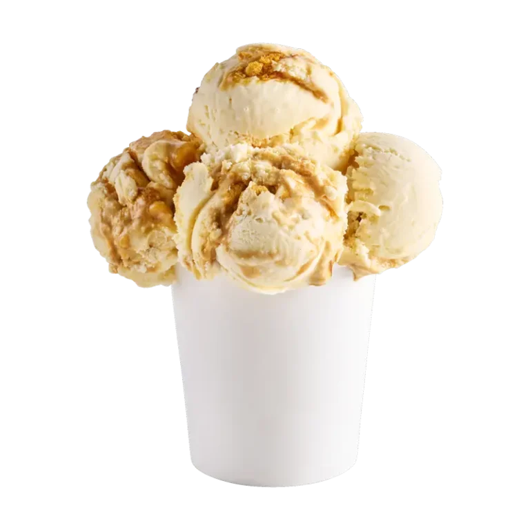 Sweet cream ice cream with chunks of honey comb and honey caramel swirl