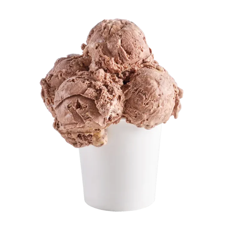 Chocolate ice cream with toffee chunks and swirls of marshmallow cream and carame