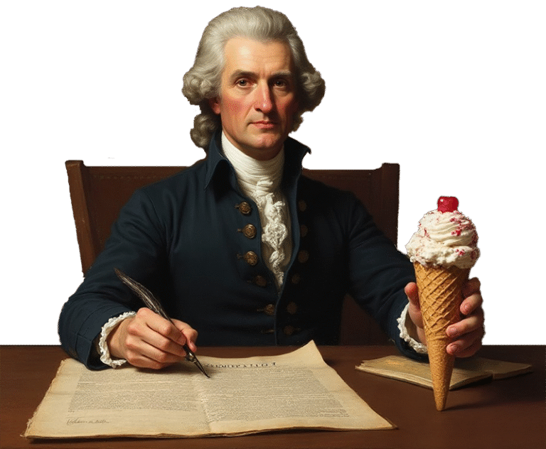 Historical artwork of Jefferson drafting with Brookers Ice Cream patriotic