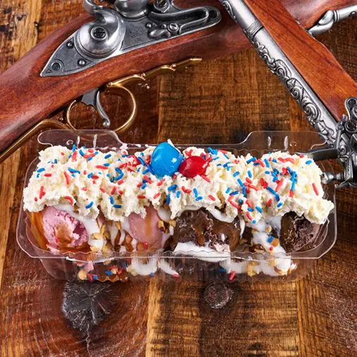 Classic American ice cream sundae loaded with toppings.